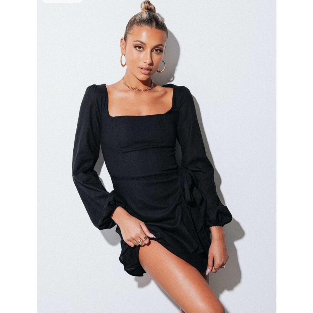Princess Polly The Villa Mini Linen Wrap Dress Size 6 in Black Ruffle Resort
